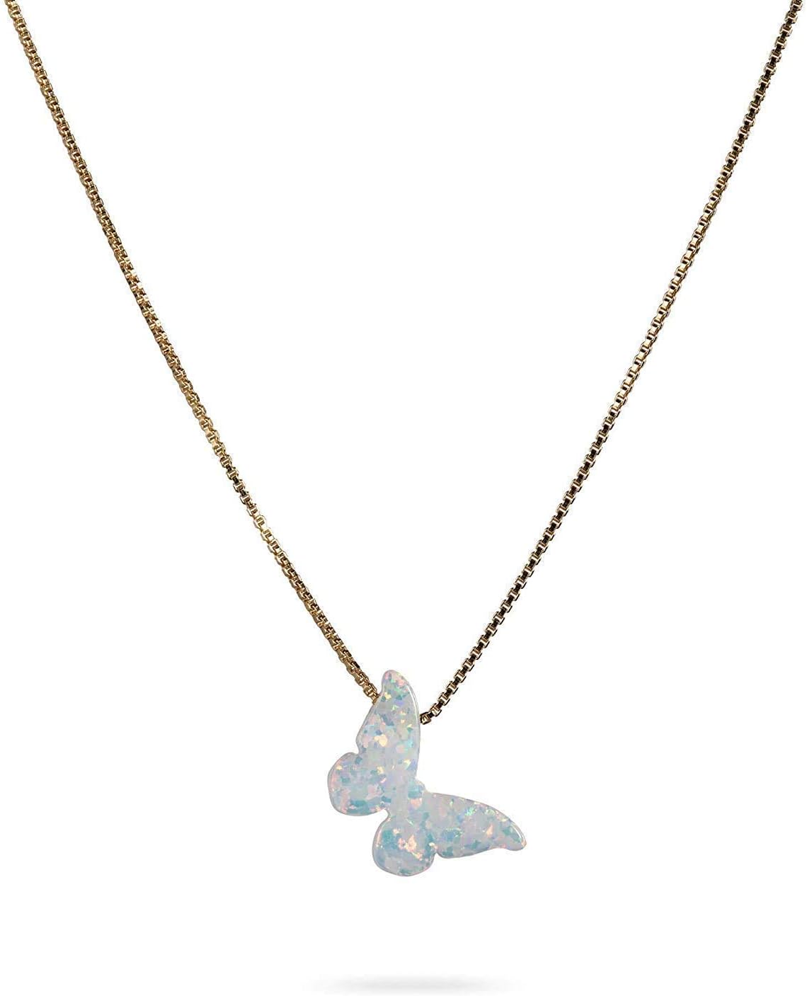 White Opal Butterfly Necklace Gift for Women Girl Delicate Opal jewelry Gold Filled Box Chain