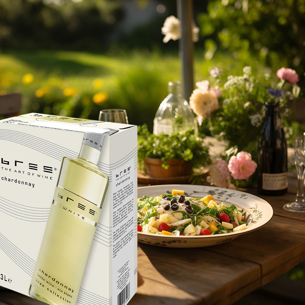 Bree Chardonnay IGP, halbtrocken, Bag-in-Box, sortenreines Weinpaket + VINOX Winecards (4x3,0l)