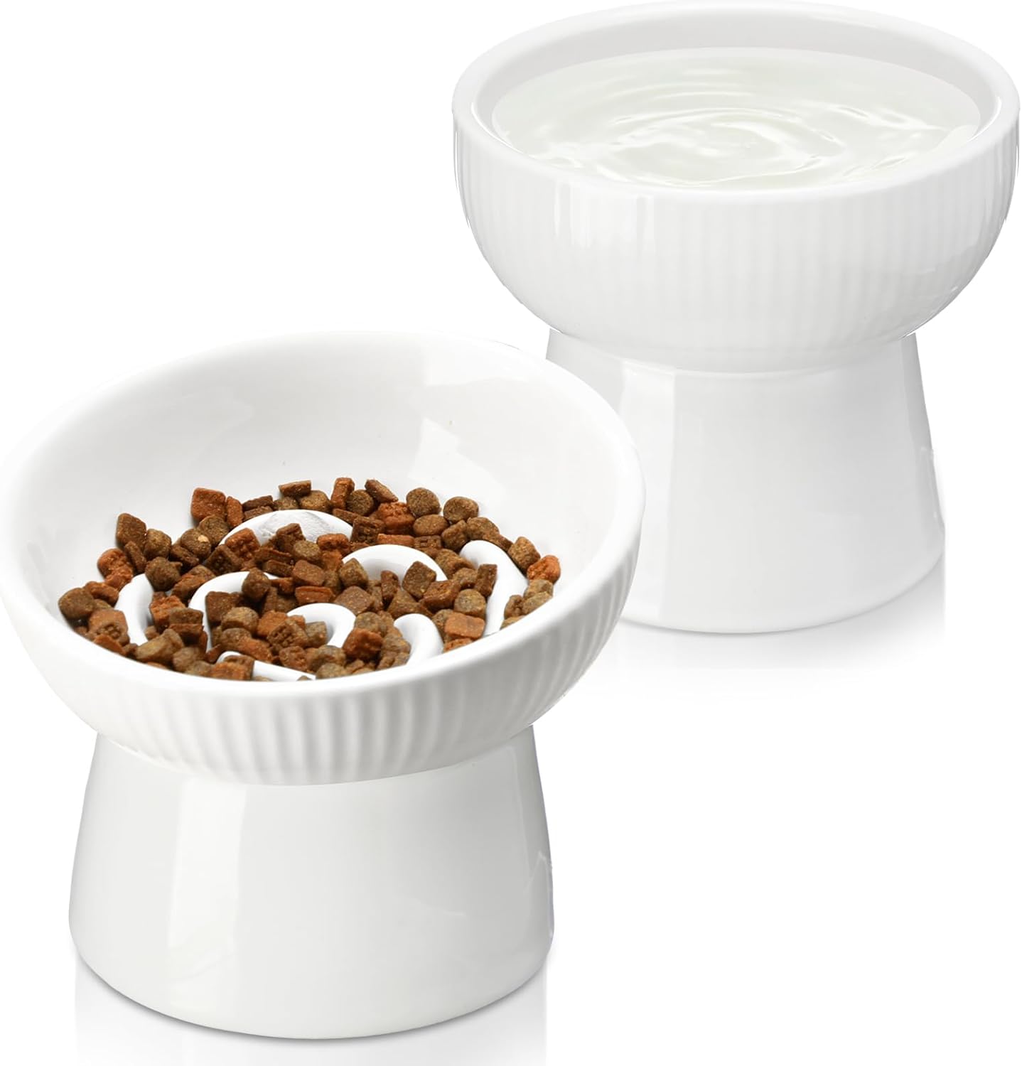 2 Pcs Cat Elevated Ceramic Bowls Raised Cat Food and Water Dishes, High Edge, Anti Vomiting Cats Feeder Bowl for Pets Kitten Puppies Dry Wet Food and Water, Dishwasher Safe