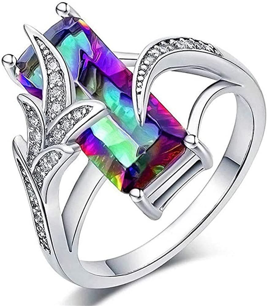 HaoMo Creative 925 Sterling Silver Inlaid Square Cut Mystic Rainbow Topaz CZ White Cubic Zirconia Eternity Engagement Wedding Band Ring Promise Ring for Women HM347 (8)