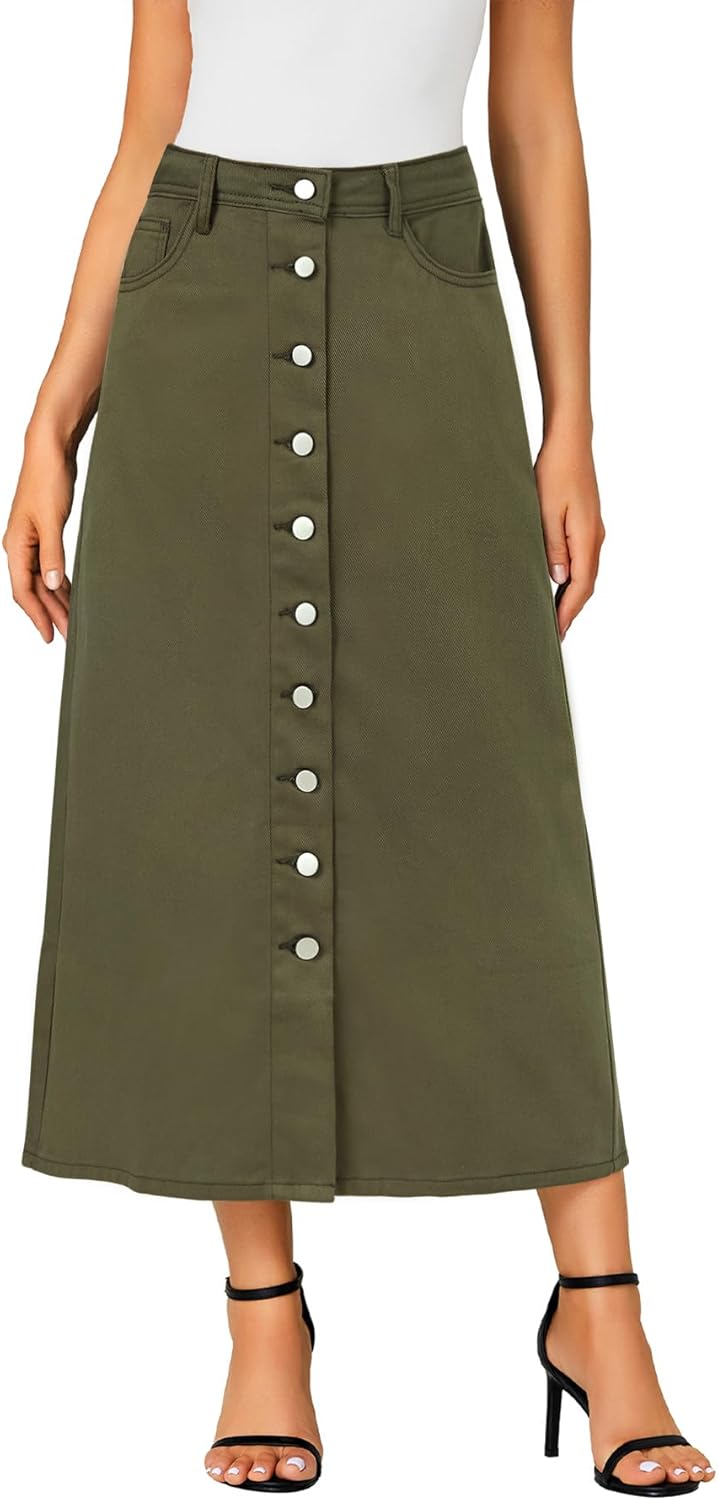 Vrtige Women's Casual Button Down High Waisted A Line Jean Midi Long Denim Skirt with Pockets