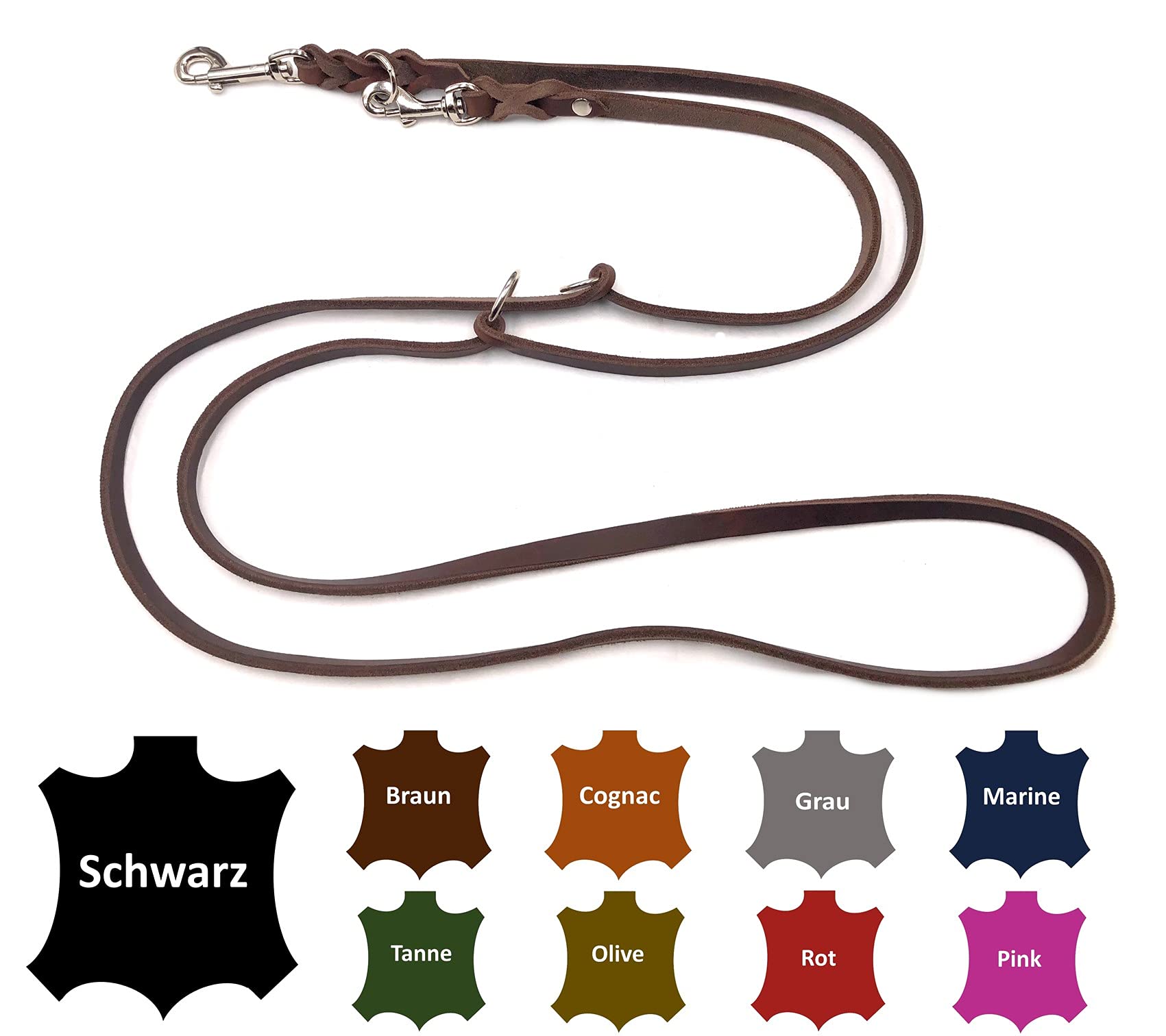 Hundeleine Fettleder kleine Hunde/große Hunde 2m / 2,40m / 2,80m / 3,50m / 5m Doppelleine verstellbar (3,50m X 12mm, Dunkelbraun)