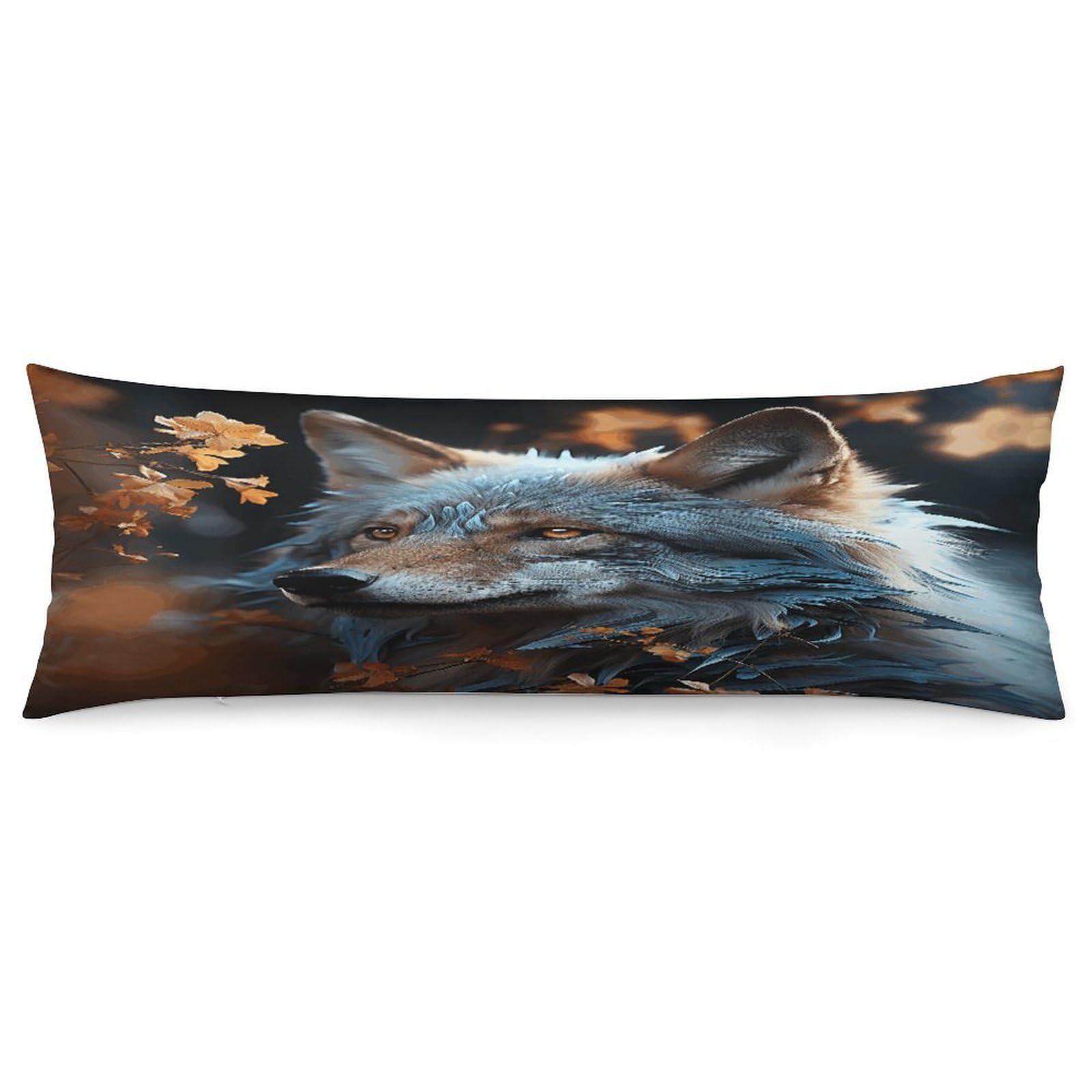 Body Pillow Pillowcase 19x53 Inch Autumn Leaves and A Wolf Print Body Pillow Cover with Hide Zipper Super Soft Cozy Long Pillow Case Rectangle Long Body Lumbar Cushion Case for Bedroom