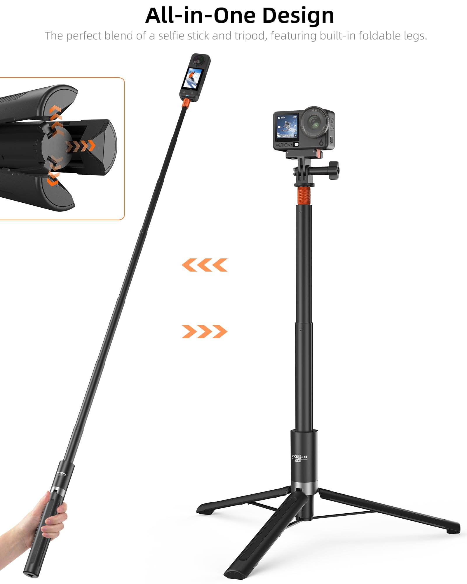 Treppiede per action cam da 147 cm, per Insta360 X5/X4/X3/Ace Pro 2/GO 3S, DJI Osmo 360, Pocket 4/3, tutti i modelli GoPro, impugnatura estensibile 2 in 1, supporto da viaggio, monopiede, accessori
