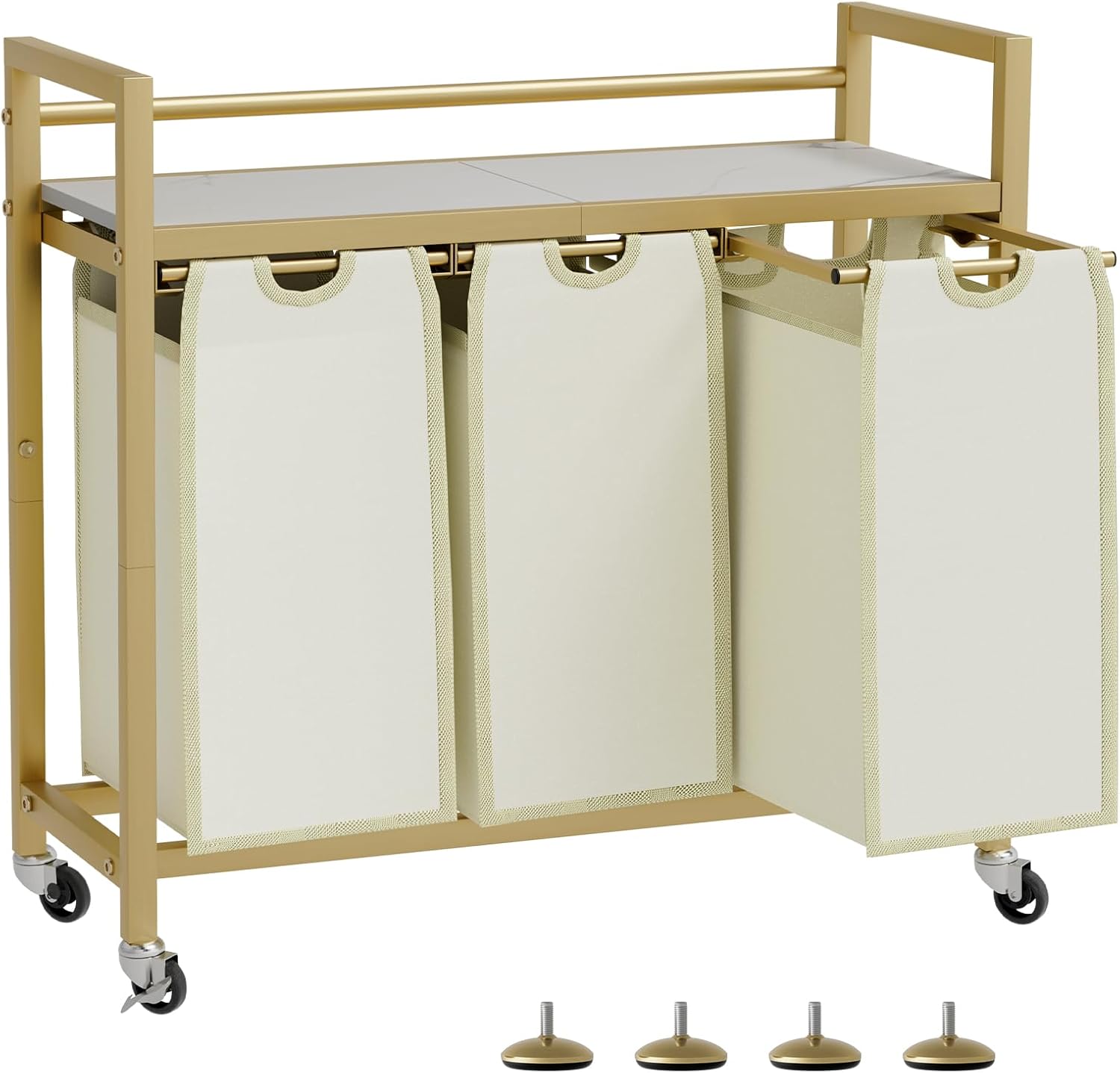 (Incomplete)Laundry Hamper, Laundry Basket, Laundry Sorter with 3 Removable Bags, Clothes Basket with 3 Compartments, Wheels, Shelf for Laundry Room Bathroom Bedroom (3 Bags-Golden)