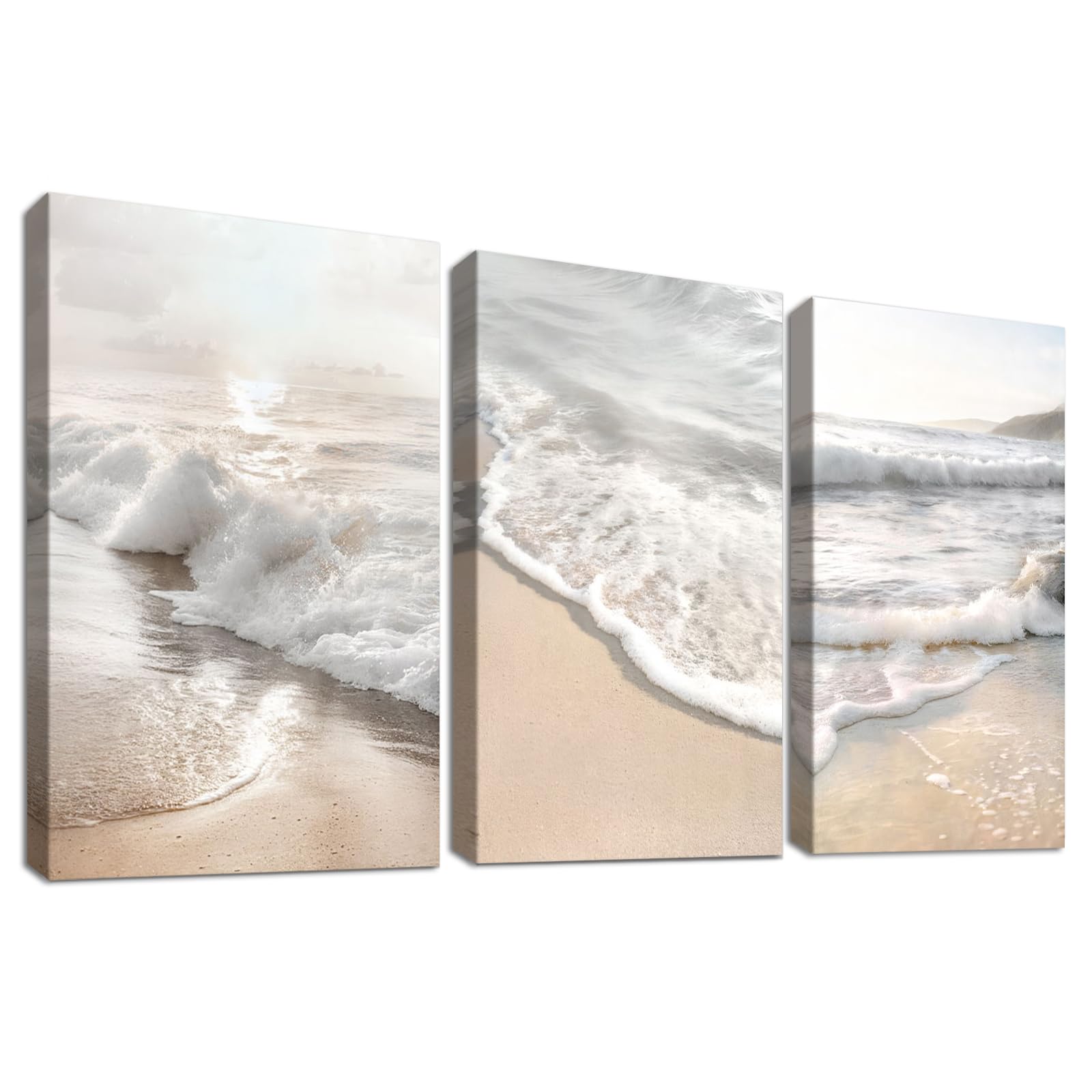 Set of 3 Wooden Framed Beach Sunrise Seascape Canvas Wall Art Minimalist Ocean Waves Painting on Canvas Prints Sand Coastal Landscape Pictures for Living Room Bedroom Hallway Wall Decor 50x70cm x3pcs โ image 1