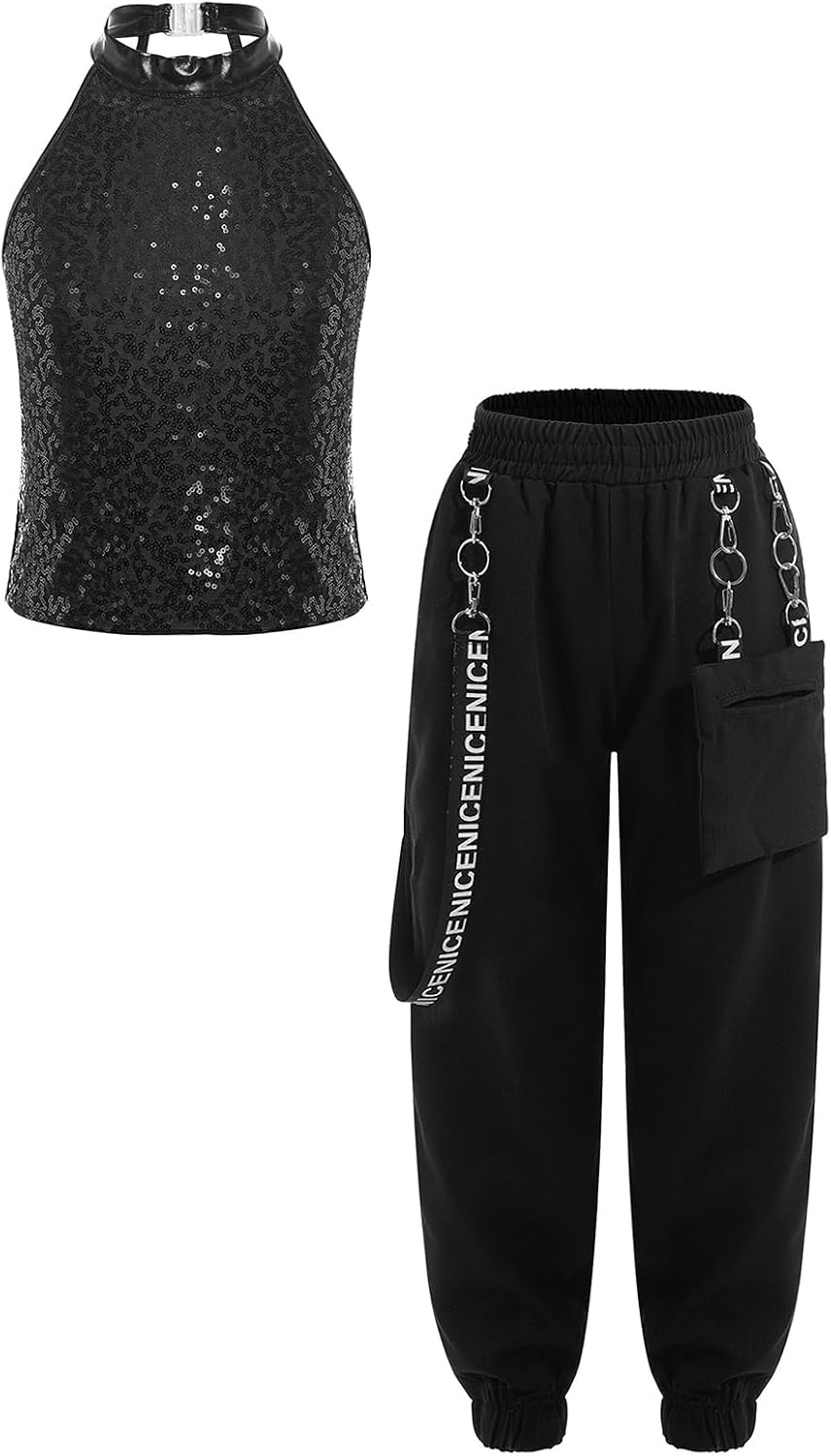 JanJean Kids Girls Sparkling Crop Top with Cargo Pants 2pcs Athletic Tracksuit for Jazz Hip Hop Street Dance Show