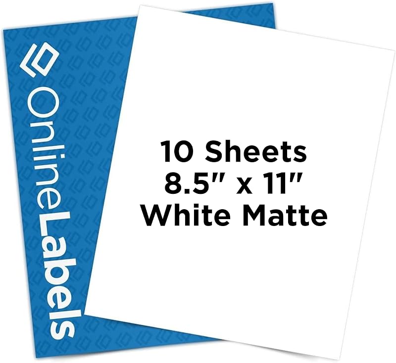 OnlineLabels 8.5" x 11" Sticker Paper - White Matte - Inkjet/Laser | 10 Sheets, Permanent Adhesive, Blank Full Sheet Labels, Inkjet & Laser Compatible, Works With Cricut, Silhouette, & More