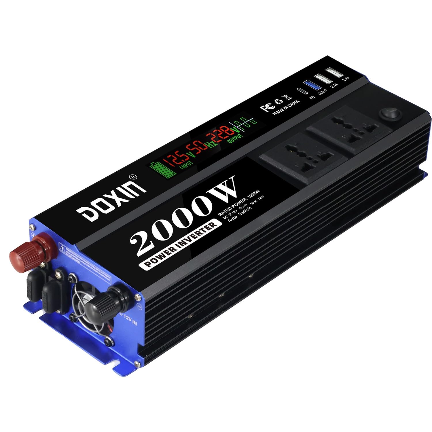 Inversor modificado de 500 W, 1000 W, 12 V CC/24 V CC a 220 V CA con 2 puertos USB, PD 22 W QC 18 W carga rápida (1000 W)