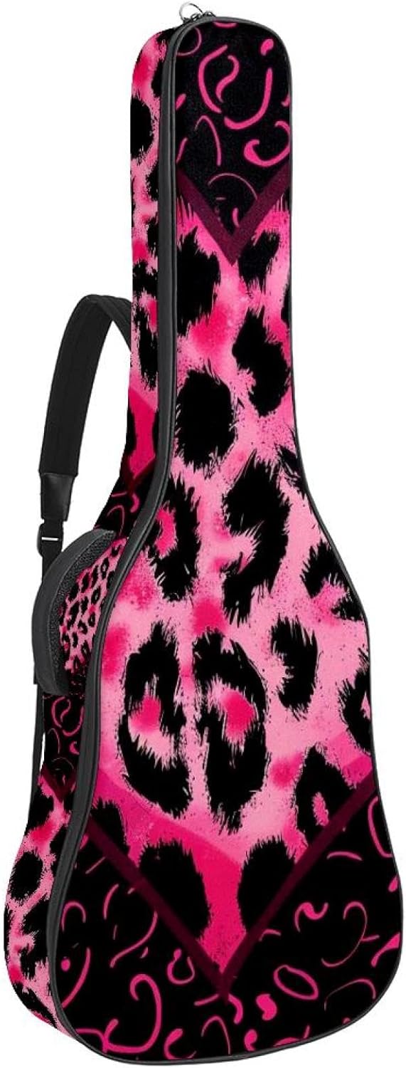 40 41 42 Inch Acoustic Guitar Bag, 0.4 In Thick Sponge Padded Guitar Case Gig Bag with Back Hanger Loop and 2 Pockets, Art Hearts Leopard Print