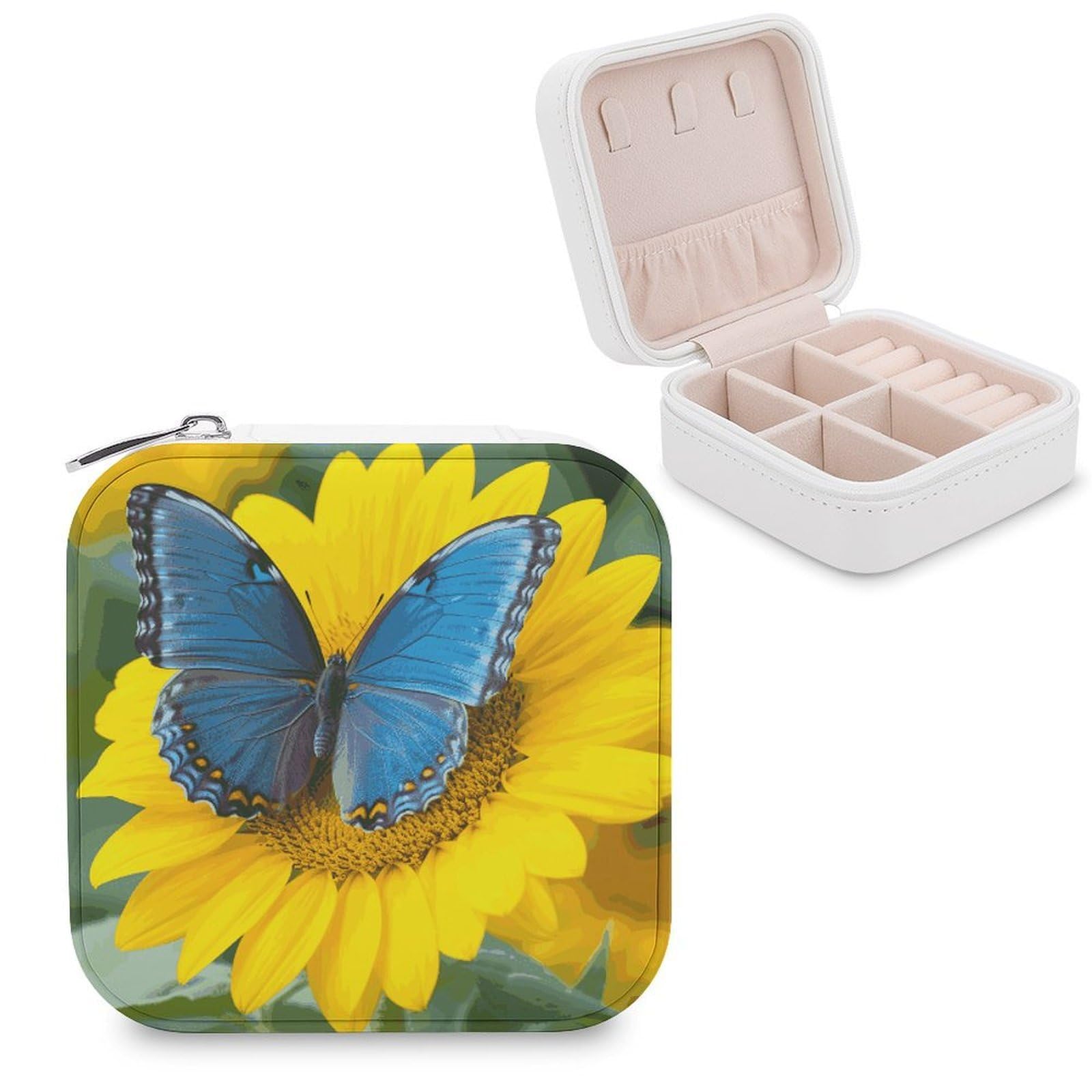 FekiLoot Sunflower Blue Butterfly Jewelry Box Exquisite Jewelry Organizer Silver Gold Trinket Storage Case Multi Compartments Cute Earrings Ring Necklace Holder For Woman Household Gift