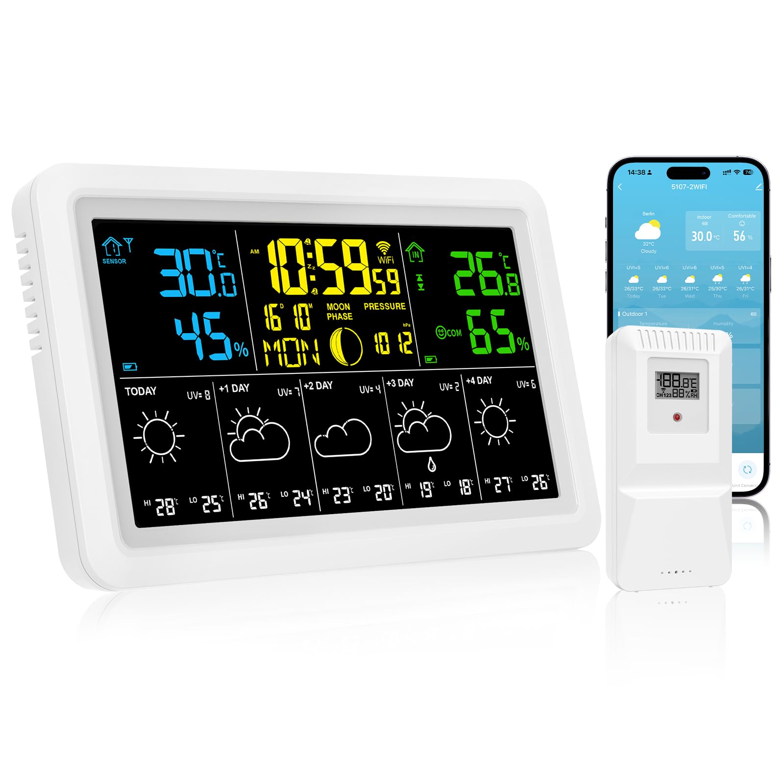 Horloge météo WiFi Prévisions sur 5 jours Thermomètre et hygromètre intérieur Phase Pression atmosphérique Date Alarme Réglage de la luminosité Grand écran couleur