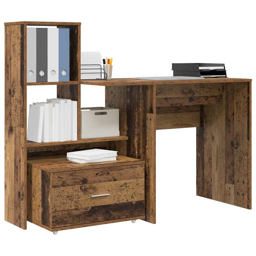 Escritorio de madera recuperada de 131,5 x 50 x 106,5 cm, material de madera, oficina, PC, trabajo, con cajón, estantería, espacio de almacenamiento, ergonómico, oficina en casa, ordenador