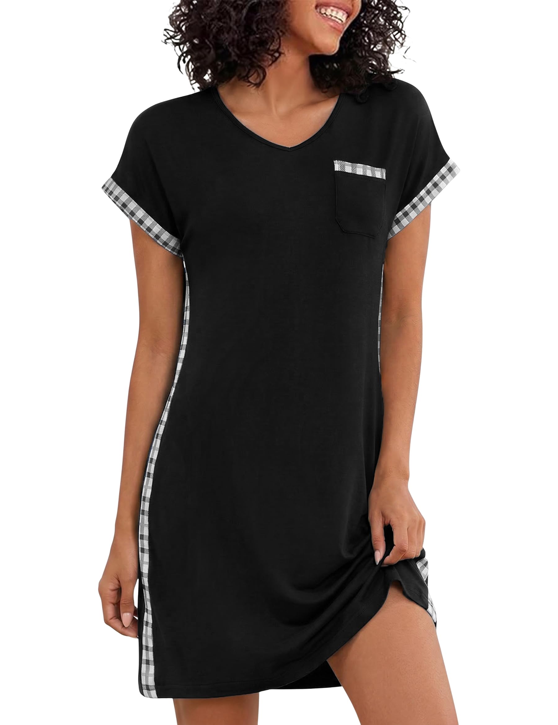 Uniexcosm Nachthemd Damen Kurzarm V-Ausschnitt Drucken Baumwolle Kurz Sommer Nachtkleid Bequemes Schlafkleid für Entspannung