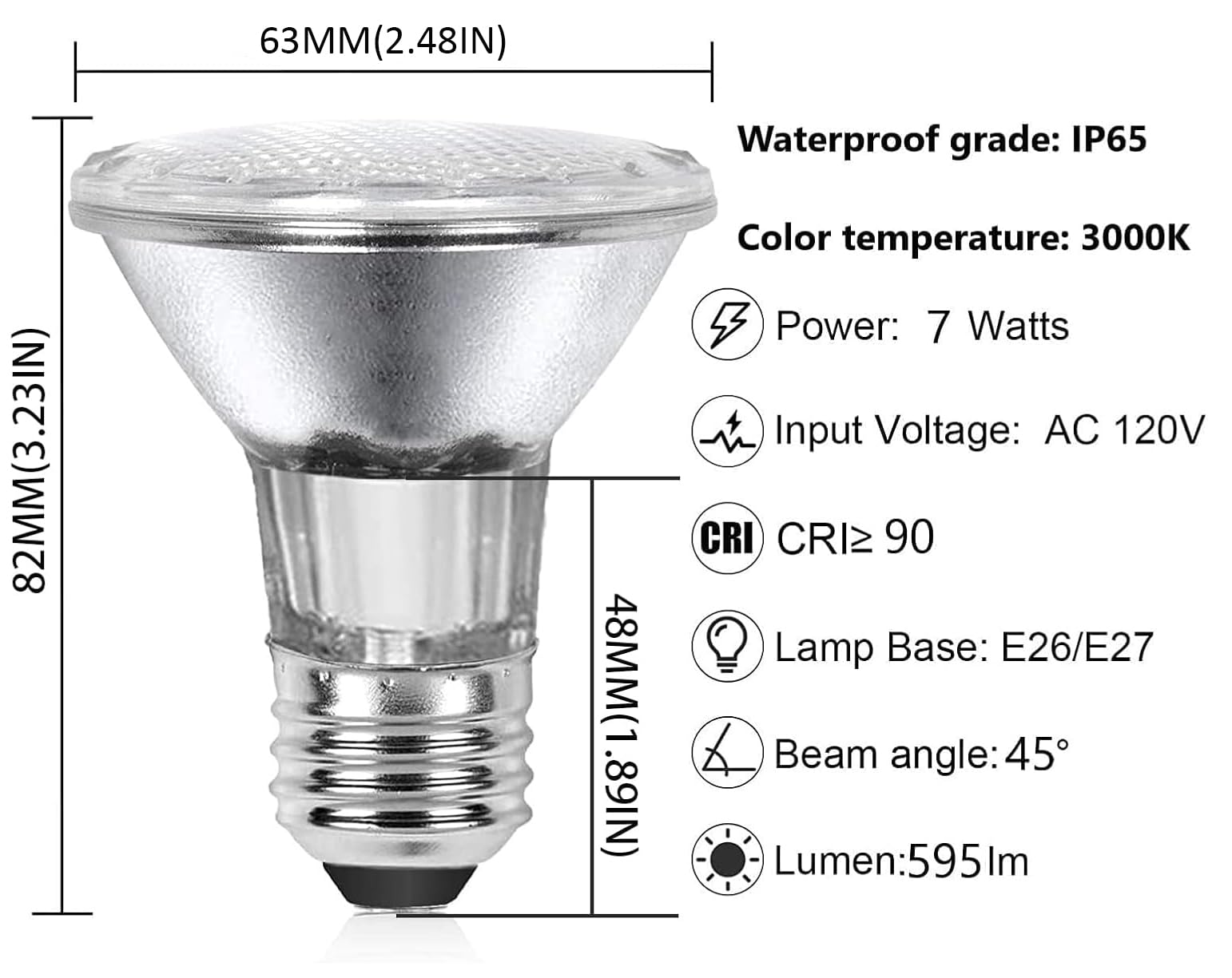 PAR20 LED-Dunstabzugshauben-Leuchtmittel, 60-W-Halogen-Leuchtmittel, E26-Sockel, dimmbar, 3000 K, Warmweiß, 595 lm, IP65 wasserdichtes Flutlicht (2 Stück)