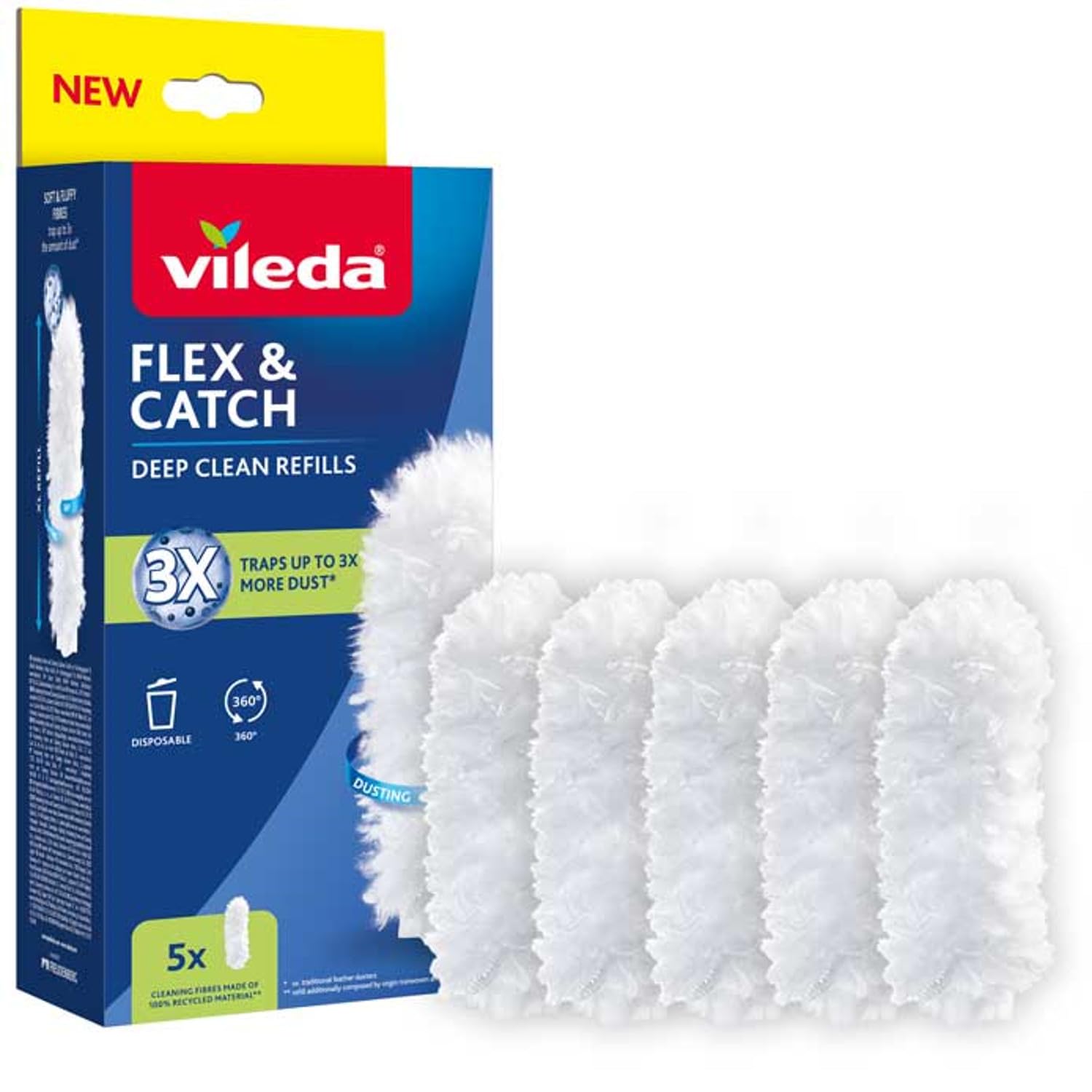 VILEDA FLEX & CATCH REFILLS 5 PIECES FLEX & CATCH REFILLS Replacement Dust Remover Tool Flex & Catch, Soft Microfibre Replacement, 360° Cleaning (5)