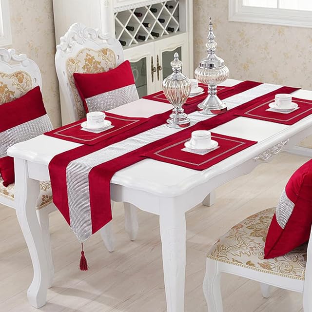 HeMiaor 13 by 98 inch Elegant Tassels Table Runner Covered Sparkly Rhinestone Strip Luxurious Decoration for Dinner Table, Dressing table,Red