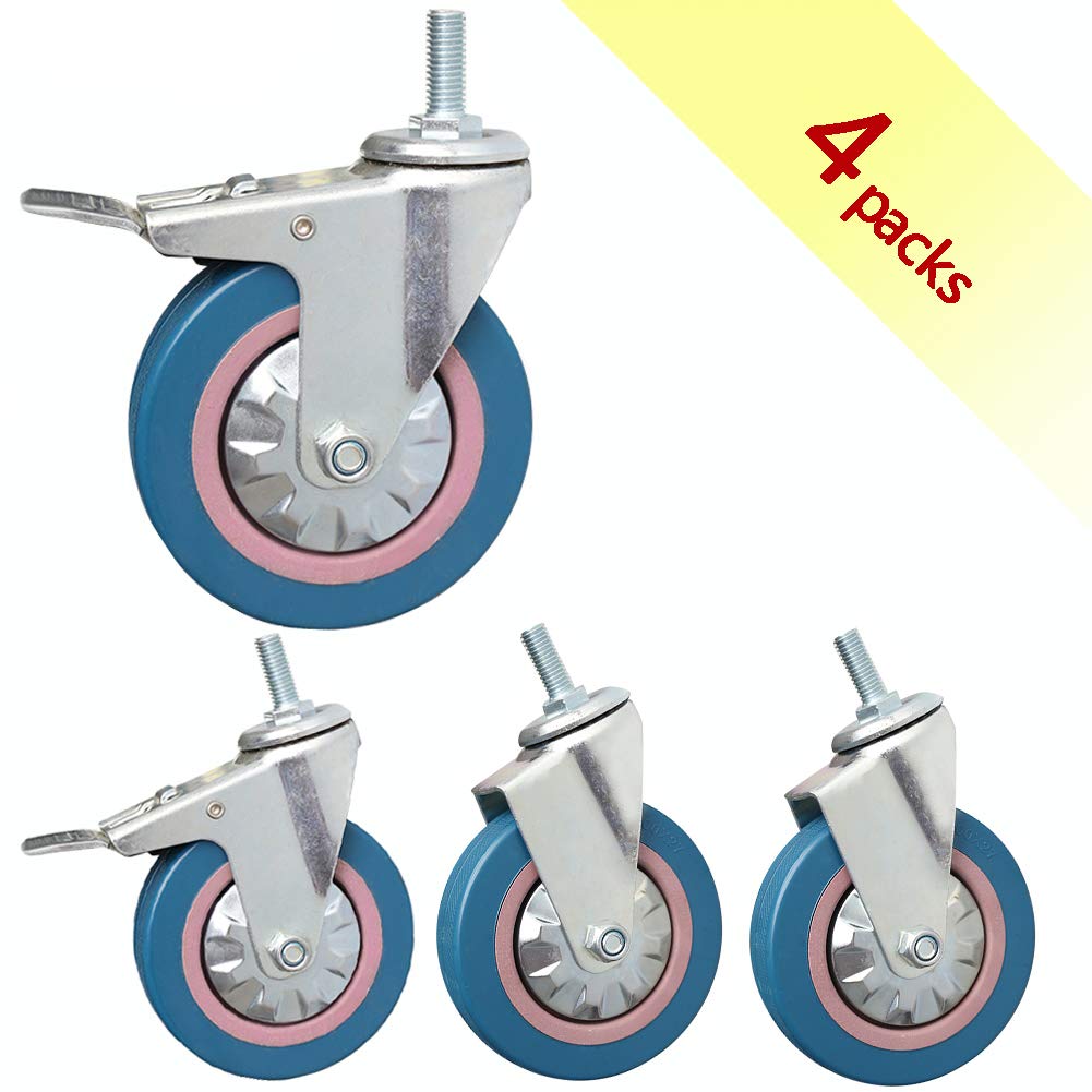Rotelle per servizio pesante 3 pollici 75 mm Industriale Trasporto Silenzioso Gomma, M10 Filo Stelo perno 300kg Con freno, Ospedale Fabbrica Scuola Hotel Trolly Gomma artificiale 4 confezioni