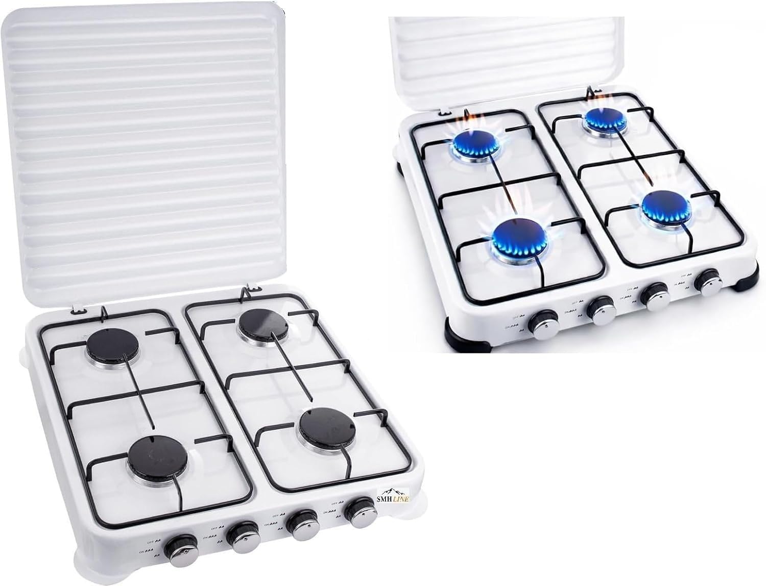 SMH LINE® Fornello a gas da campeggio, 4 fuochi, senza tubo e regolatore, 50 mbar, gas propano da 10 kW, piano cottura da campeggio, bombola a gas, fornello per esterni, fornello da tavolo XL