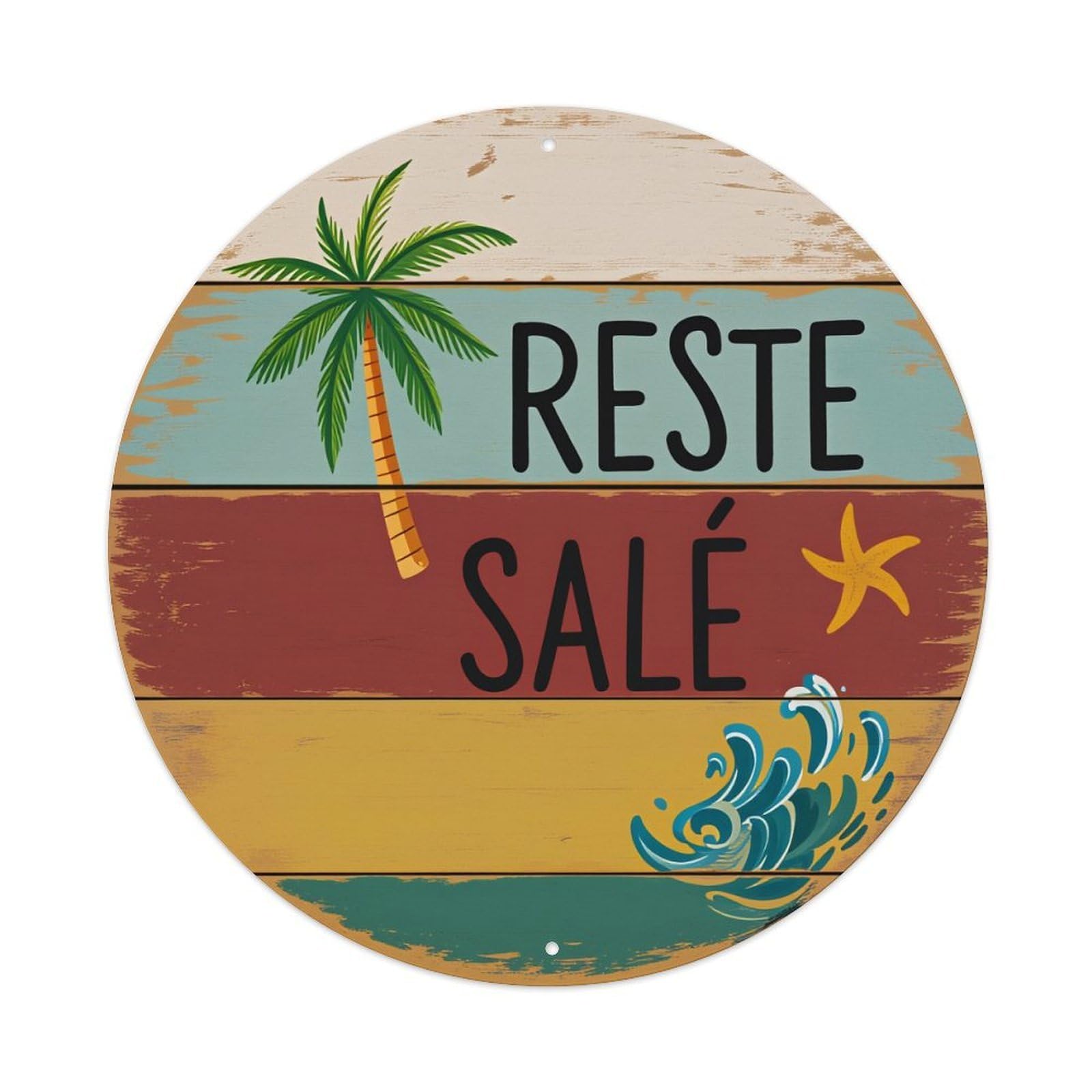 Palm Tree Waves Starfish Sand Round Tin Sign Vintage Style Metal Sign Home Bar Garden Wall Plaque Decor Metal Poster 8x8 Inch