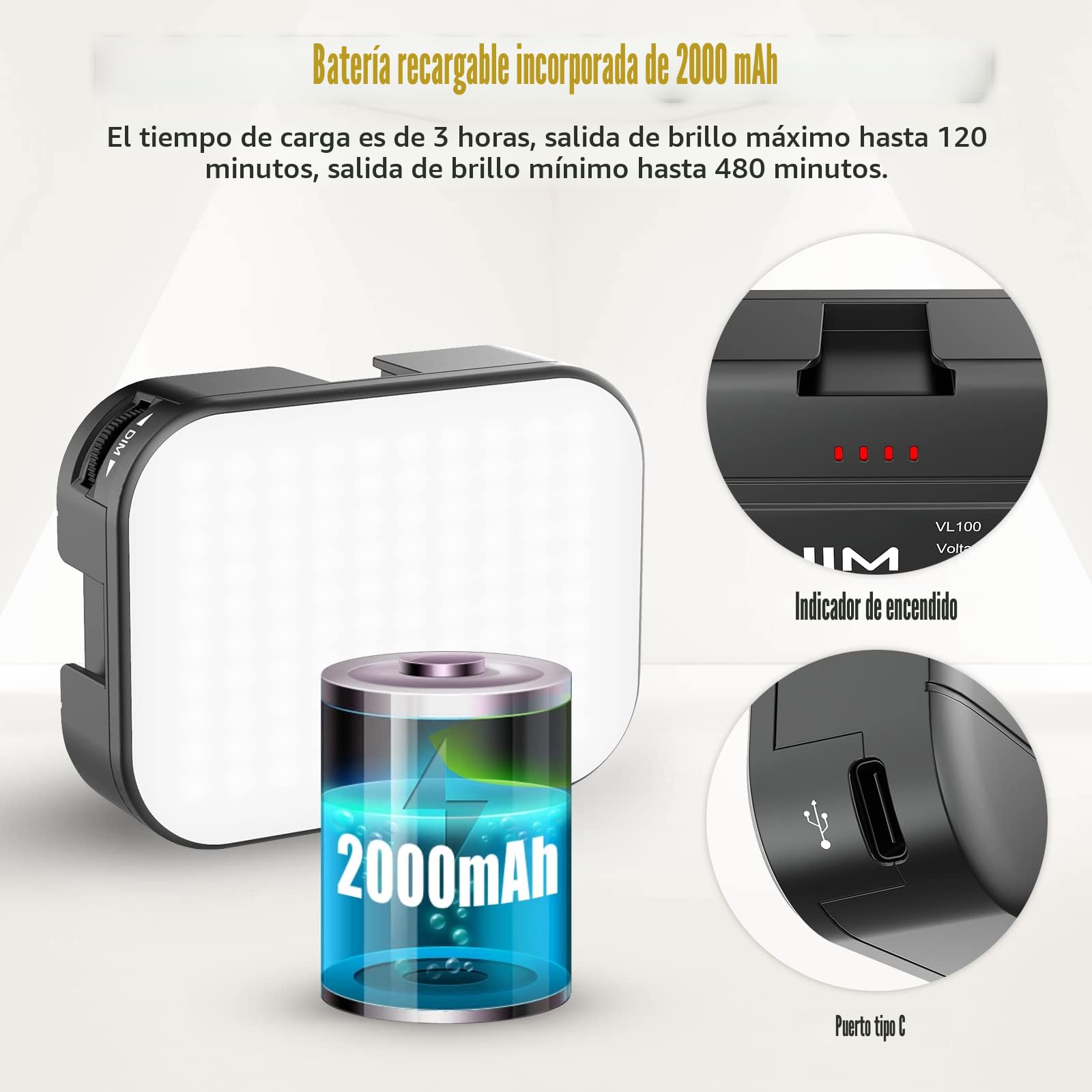 ULANZI VL100C Mini Luz de vídeo de la cámara LED USB con batería de 2000mAh, Regulable 2500-6500K con Montaje de Zapata fría, CRI95+ para Vlogging, TikTok, Fotografía Retrato