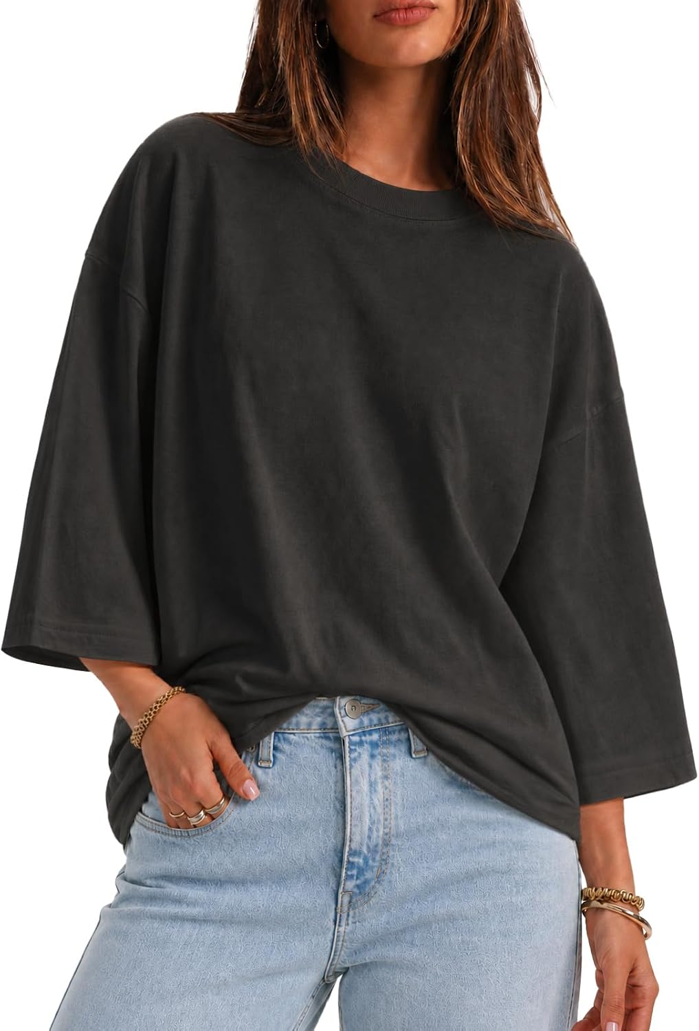 Flowyair Womens Oversized T-Shirt Casual 3/4 Sleeve Summer Boxy Tops Loose Fit Crew Neck Basic Shirts