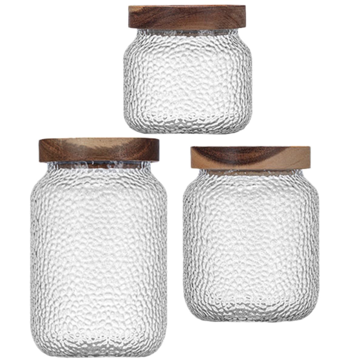 Recipientes de Vidrio Herméticos con Tapa de Madera de Acacia Juego de 3 Capacidad 350ml, 500ml y 700ml y Multipropósito para Almacenamiento de Café, Té y Frutos Secos