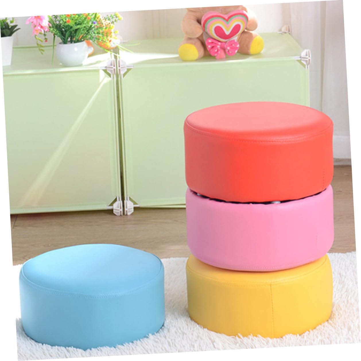 ’s Pu Leather Round Stool, Anti-Slip Lightweight Footstool, Pink 28×28×13cm, Small Seat for Step and Shoe Changing in Home Or Bathroom