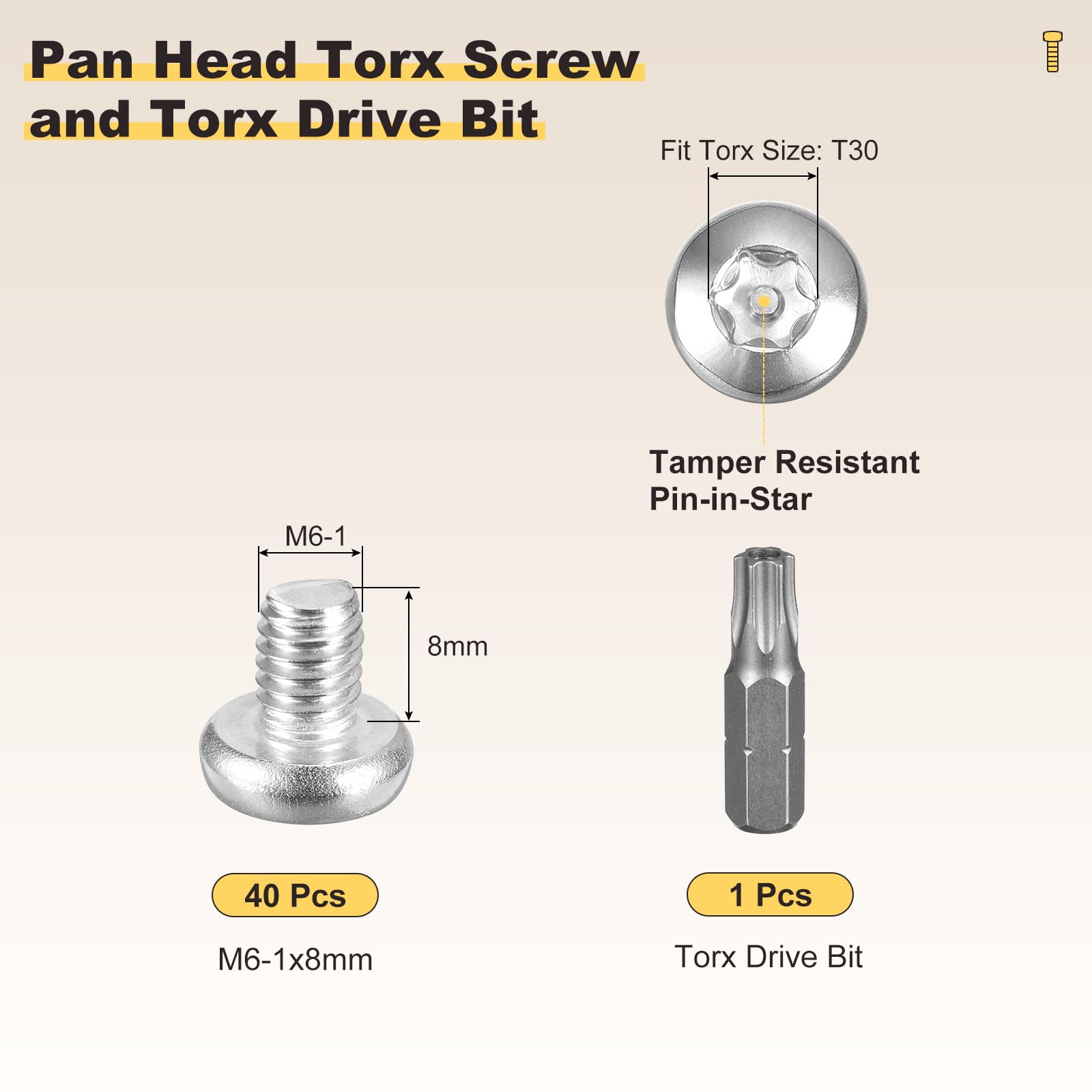 METALLIXITY Pan Head Torx Security Screws Bolts (M6-1x8mm) 40pcs - Image 2