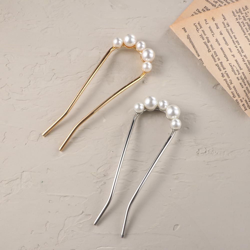 EPARTY- 2 PCS GOLD SILVERPearl Hairpin Female Hair Stick Female Pearl U shaped Hair Clip Elegant Hair Accessories Headdress Girls Headwear