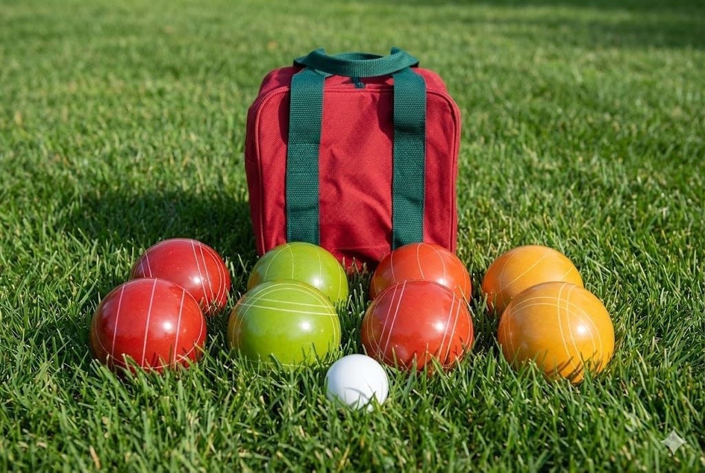 BuyBocceBalls Listing - Made in USA, Premium Quality Tournament Bocce Set -, 998 Grams (2 lbs. 3.2 oz.) - 110mm Rustic Yellow/Orange/Red/Green Balls and Maroon/Green Bag
