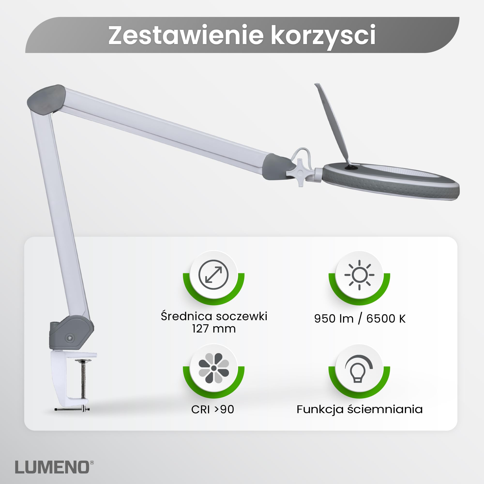 Lumeno 8213GR Lampa powiększająca LED Lampa do pracy Lampa kosmetyczna, regulowane poziomy jasności, krystalicznie czysta szklana soczewka 127 mm, pomoc w czytaniu/lupa, 3 dioptrie