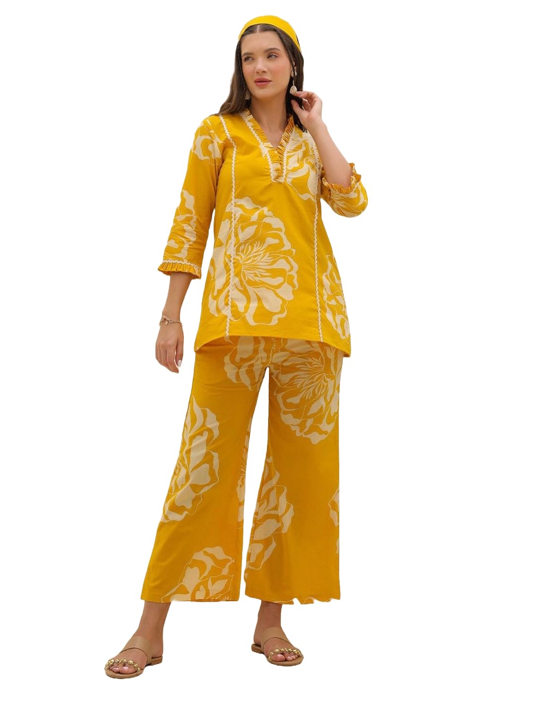 MEERA FAB Women Printed V-Neck Pure Cotton Tunic with Trousers Co-Ords Set