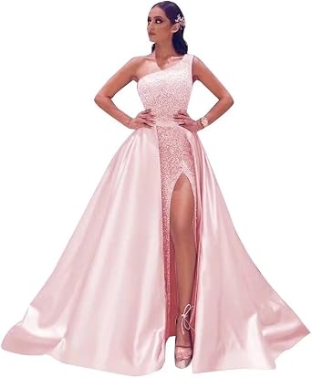 Fair Lady Prom Dresses Long Ball Gown Sparkly Sequin One Shoulder Satin Slit A Line Evening Party Dress for Women Formal