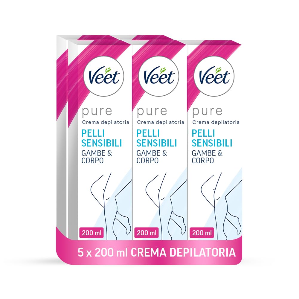 x5 Veet Crema Depilatoria Pure Pelli Sensibili, per Gambe, Braccia, Ascelle e Zona Bikini, 200 ml, 5 Confezioni, Maxi formato
