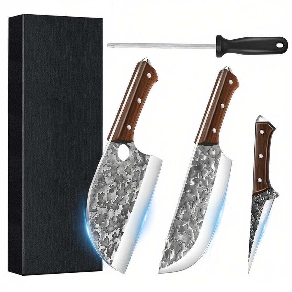 ZENG Set de 4 Couteaux de Cuisine Professionnel, Couteau Chef, Légume, Désosseur, Fusil – Malette Couteaux Professionnel Noire, Pour Cuisine et Extérieur