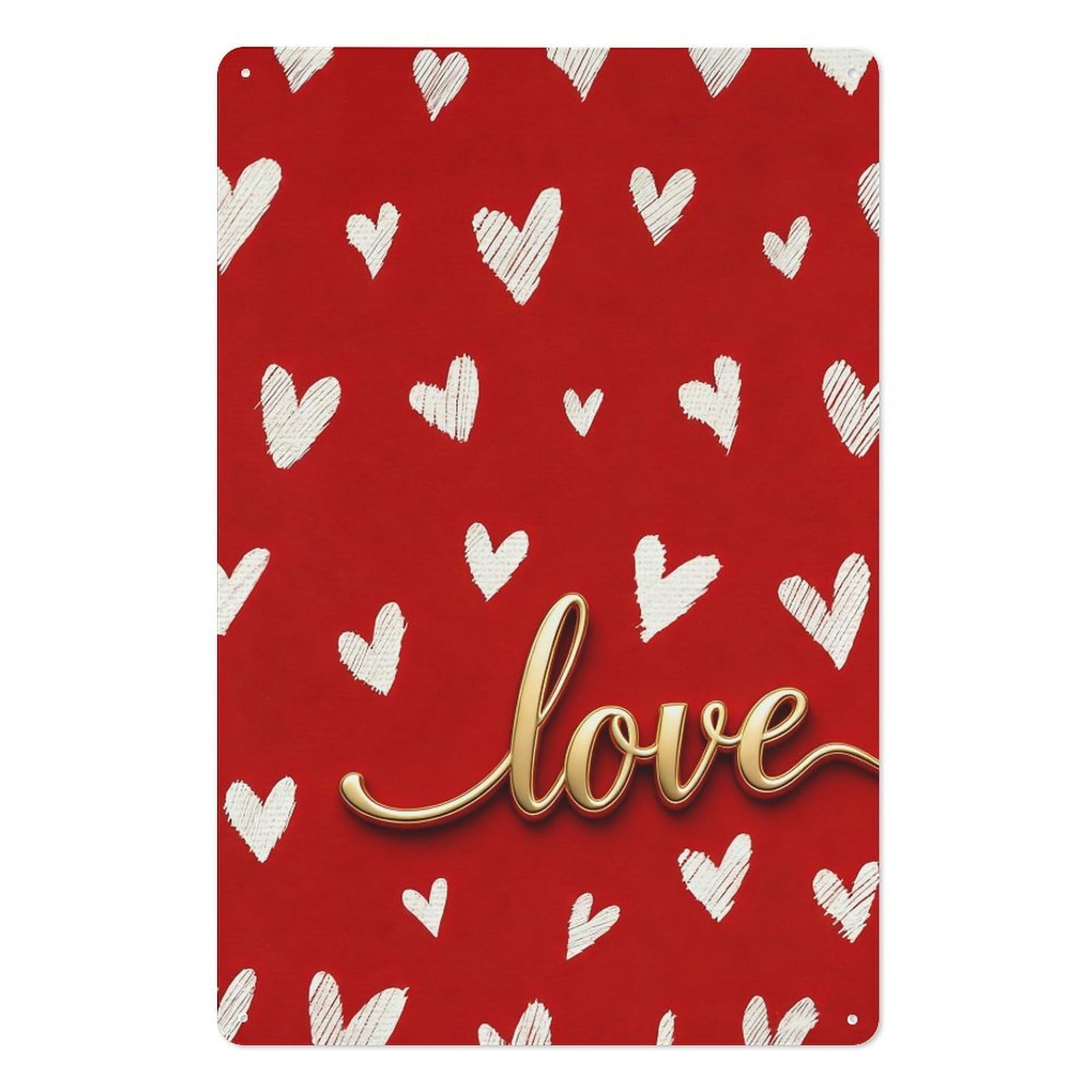 peiyeety Love Gold Script Metal Tin Sign 8x12 Inch – Red & White Hearts Wall Decor Plaque for Valentine’s Day, Wedding & Romantic Home Decoration