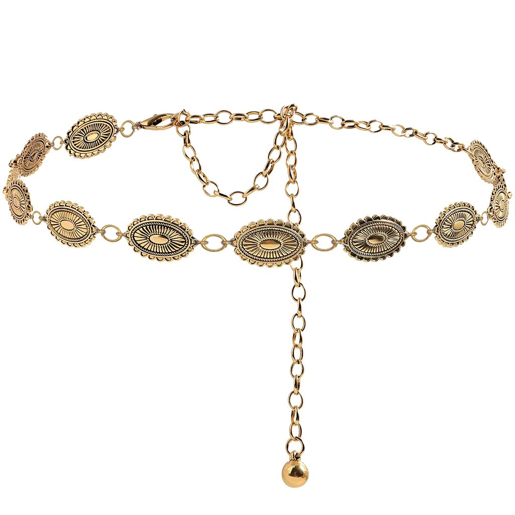 Boho Waist Belt for Women Golden Concho Belt Saree Waist Metal Concho Western Fashion Conchos Adjustable,29.53 inches +19.69 inches