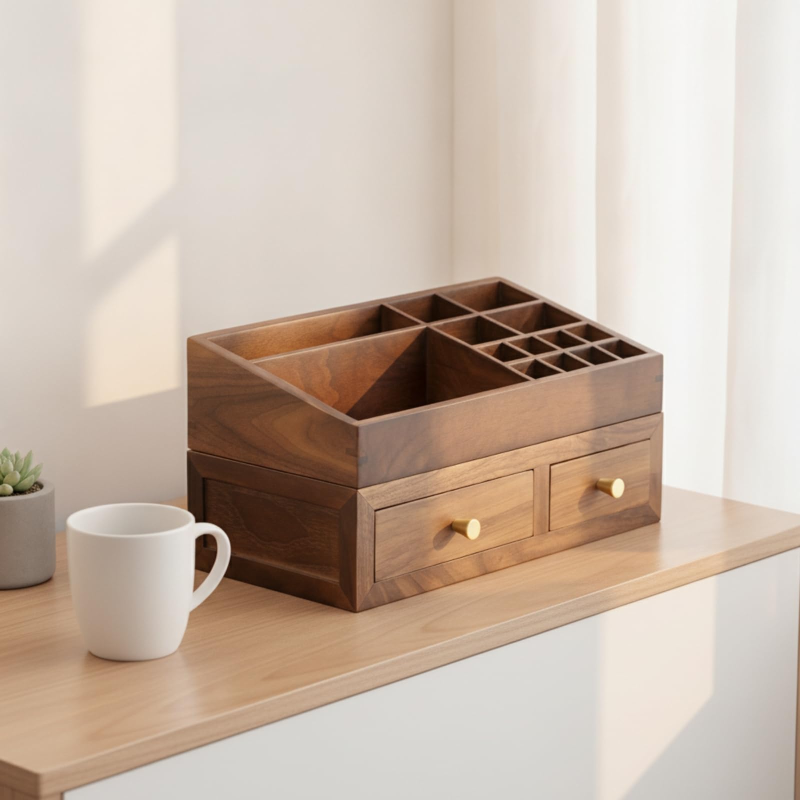 Armario de Cosméticos Organizador Caja Tocador Cajón Madera Latón con Compartimentos y Diseño Compacto Adecuado para Dormitorio Tocador Oficina
