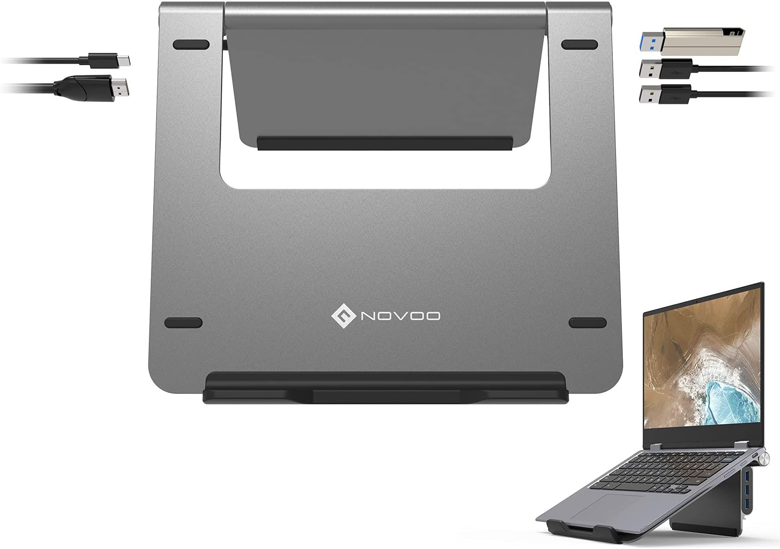 NOVOO Laptop Stand with 5 in 1 USB C Hub, Foldable Laptop Riser with 4K HDMI, 100W PD, 3 USB 3.0 Ports, Adjustable Laptop Holder for Desk, Bed, Compatible with 10-16'' MacBook Pro/Air, Dell, Lenovo