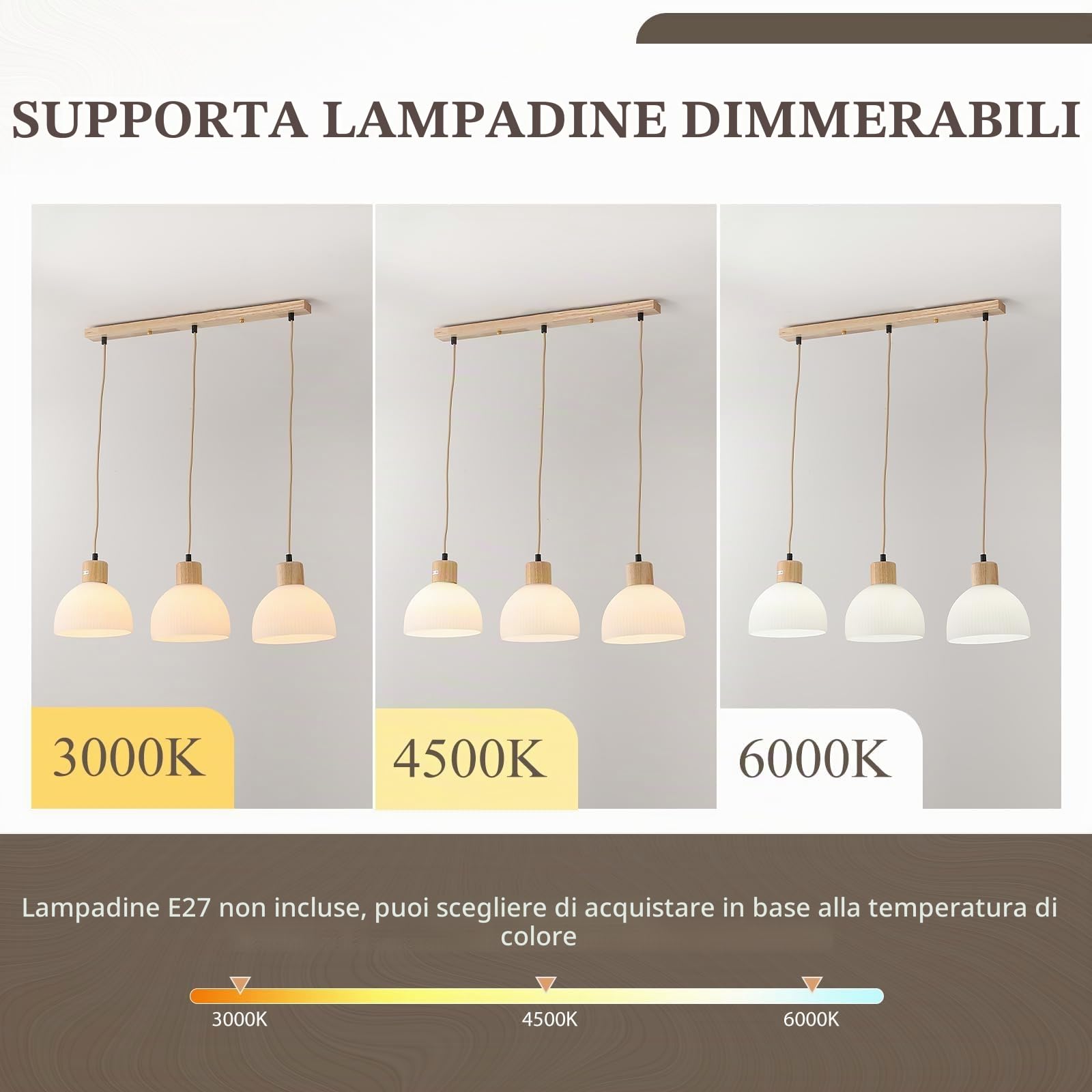Lampadario Soggiorno 3 Luci,Legno E Vetro Bianco Lampadario Camera Da Letto E27 Regolabile In Altezza Cucina Lampadari Per Cameretta Salotto