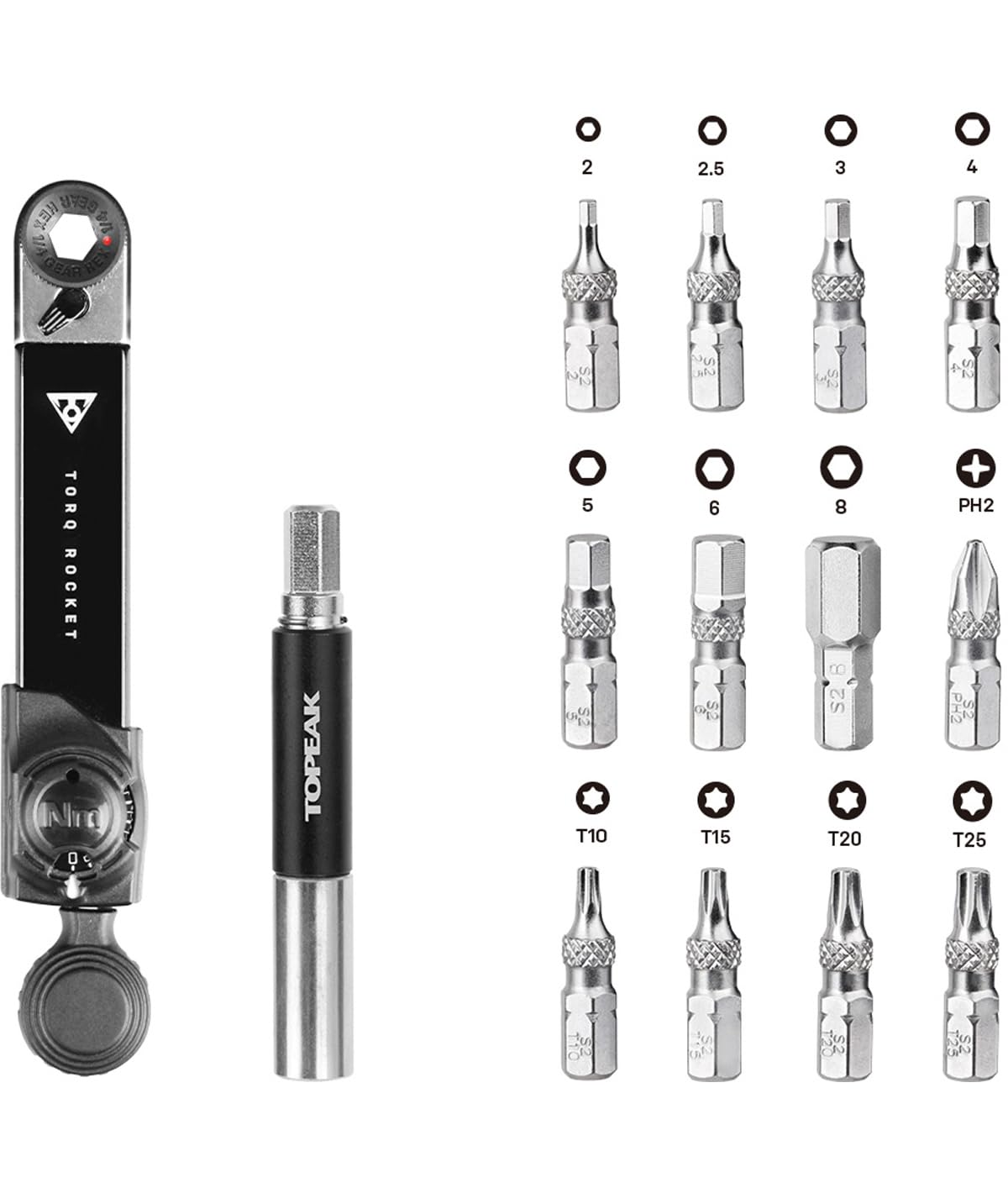 Topeak Torq Rocket mini EX Werkzeug aus Aluminium, Stahl und Kunststoff in der Farbe Schwarz/Silber, T10/ T15/ T20/ T25, Größe 2-10 Nm, 15410058