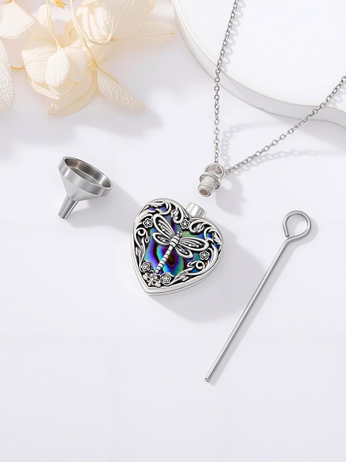 JKR Butterfly/Dragonfly/Ladybug/Bee/Hummingbird Heart Urn Necklace for Ashes for Women Sterling Silver Abalone Shell Cremation Jewelry Memorial with Funnel Filler - Image 2
