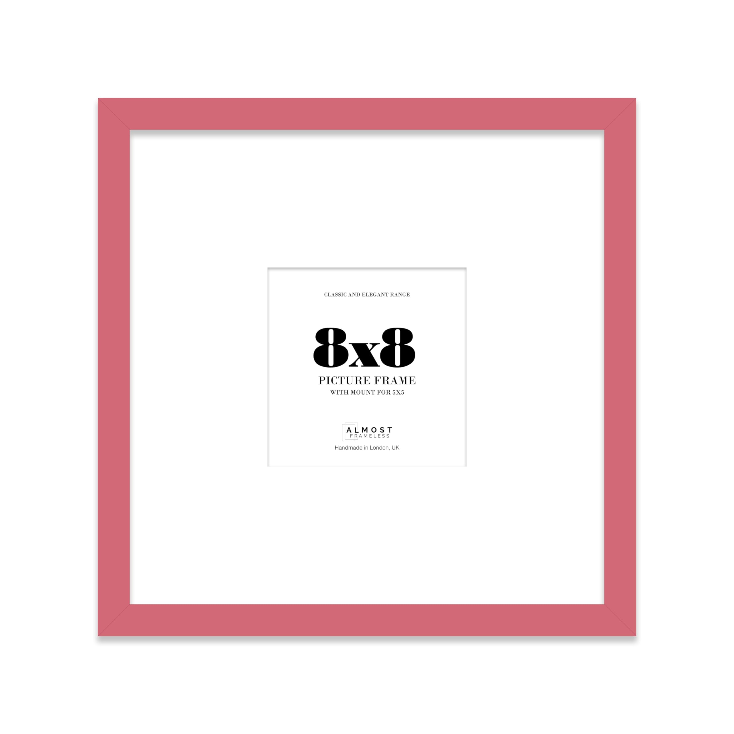 Almost Frameless 8x8 Square Picture Frame, Display Pictures 5x5 With Mat or 8x8 Without Mat, Wall Hanging & Free Standing Photo Frame, Pink, 1 Pack