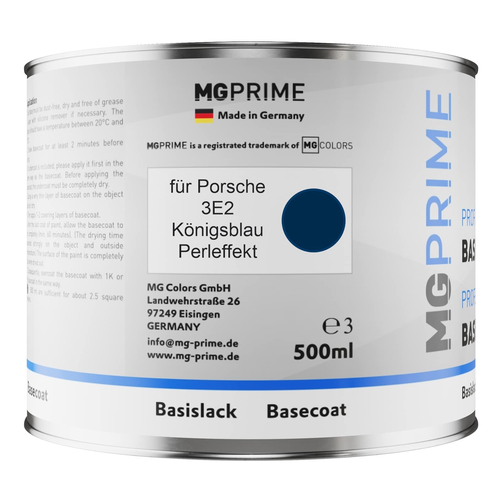 MG PRIME Lakier samochodowy Zestaw puszka gotowa do natrysku dla Porsche 3E2 Königsblau Perleffekt lakier bazowy + lakier bezbarwny 2K 1,25L