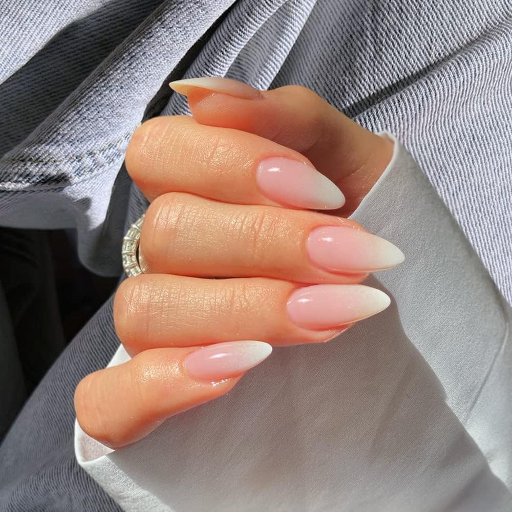 Gradient Pink Press on Nails Almond Shape Medium Length - Neutral Acrylic Fake Nails for Women, Glue on Stiletto False Nails, Ombre Pink Gel
