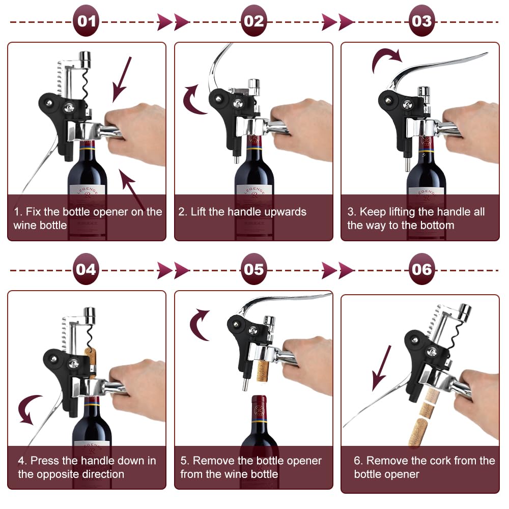 Apribottiglie per Vino Manuale,Cavatappi Manuale a Leva 4 In 1 Set,Cavatappi Professionale,Apribottiglie Manuale Strumento di Apertura Rapida del Vino per Versatore di Vino