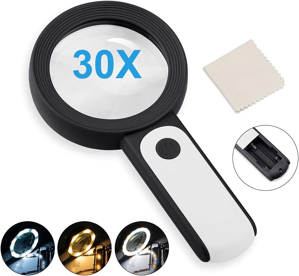 Nazano Magnifying Glass with 18 LED Lights, 30X Handheld Large Magnifying Glass with 3 Modes, Illuminated Magnifier Glass for Seniors Read, Coins, Stamps, Map, Inspection -with a Lens Cloth (Black)