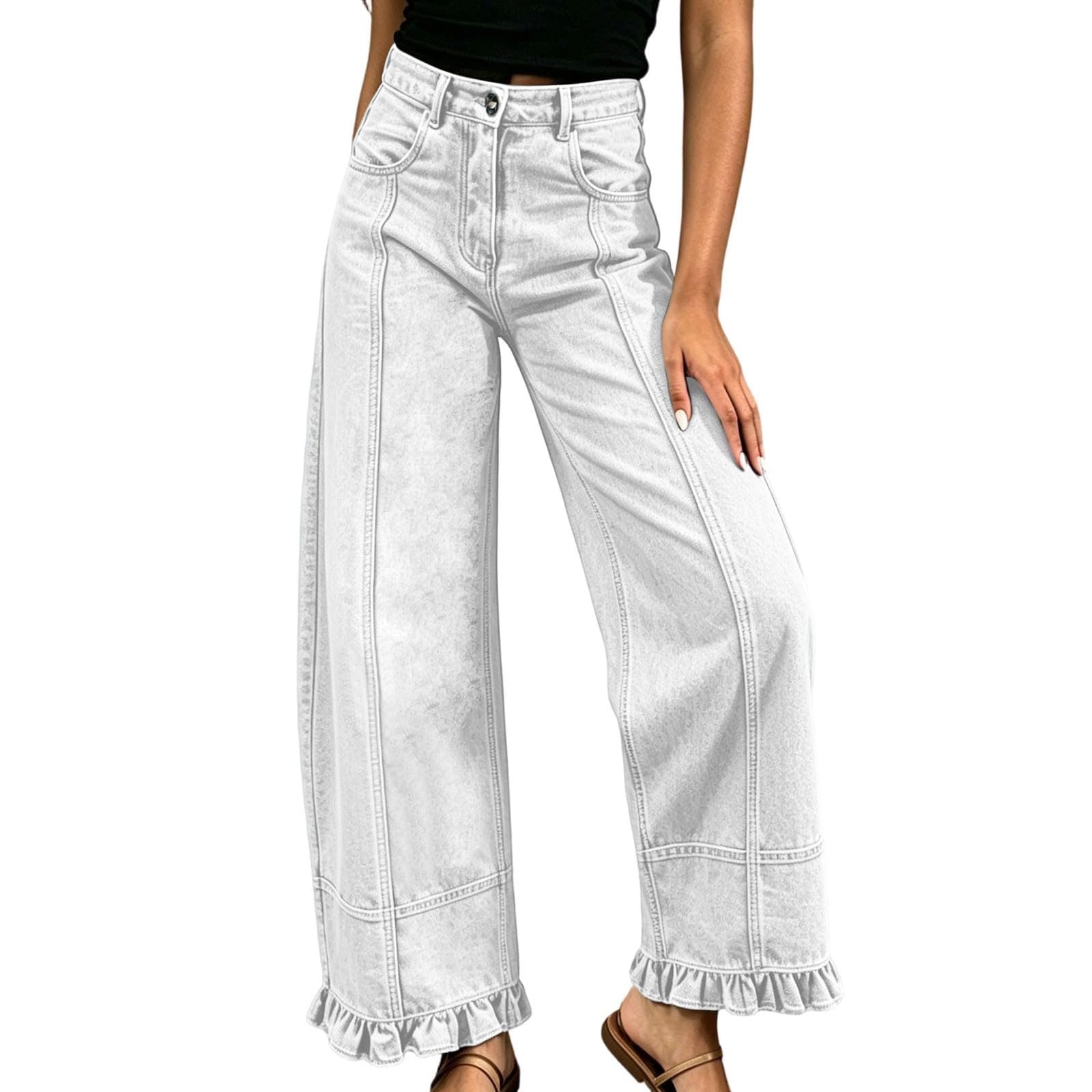 Jeans da Donna Eleganti a Gamba Larga in Tinta Unita con Una Delicata Balza