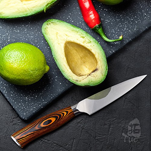 TUO Cutlery Paring Knife - Small Kitchen Knife - Fruit Knife 3.5-inch German Steel with Pakkawood Handle with Case - 4" - Fiery Series